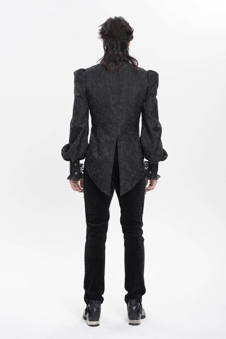 Black Lapel Collar Long Lantern Sleeves Jacquard Embroidered Lace Men's Gothic Palace Swallow-tailed Shirt with Necktie - Product - 4