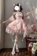 Pink Spring Waters Reflecting Pear Blossoms Ruffled Embroidered Open-Front Bow Lace Sweet (Dress Only) front view