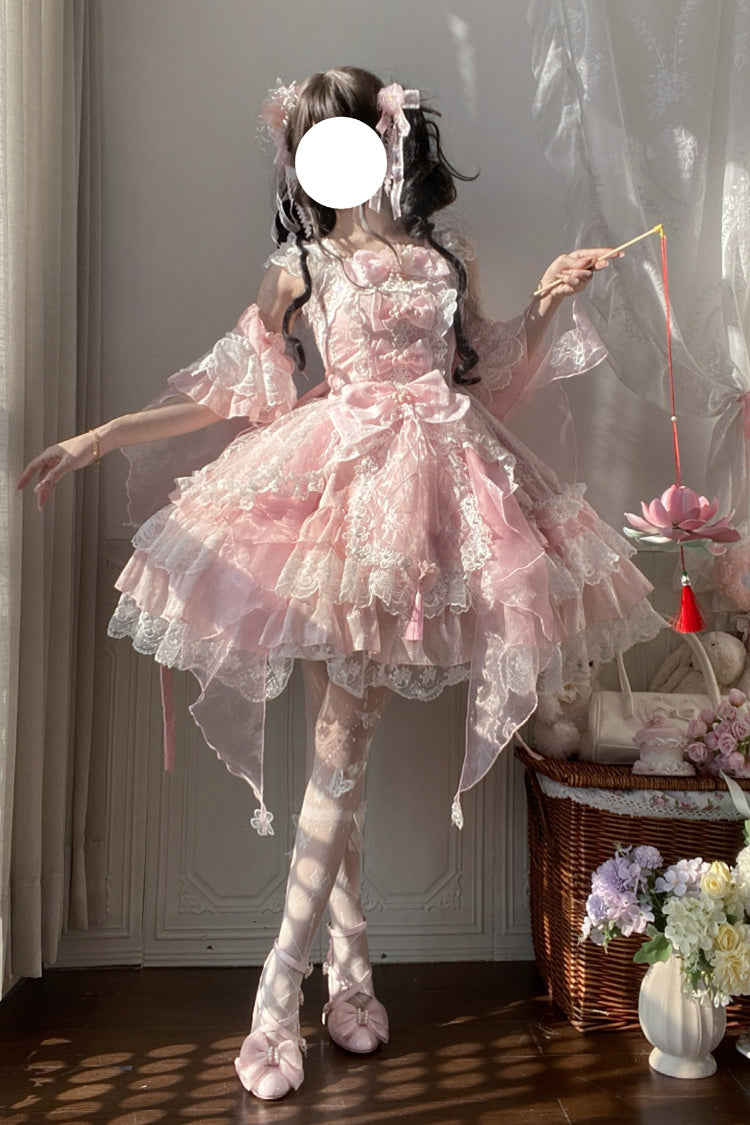 Pink [Spring Waters Reflecting Pear Blossoms] Ruffled Embroidered Open-Front Bow Lace Sweet Lolita Jsk Dress - Pink - 1