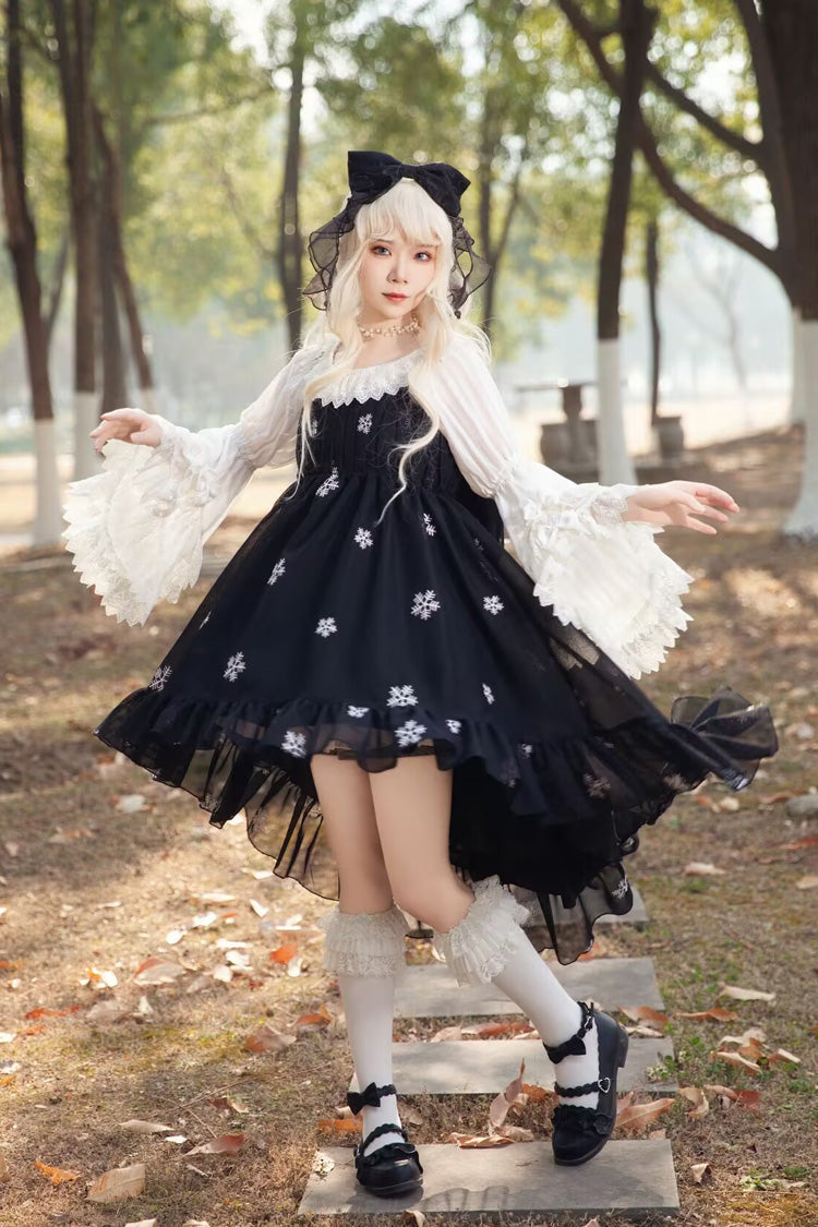 [Feather Snowflake Embroidery] Print Sleeveless Ruffle Bowknot Sweet Lolita Jsk Dress 3 Colors - Product - 11