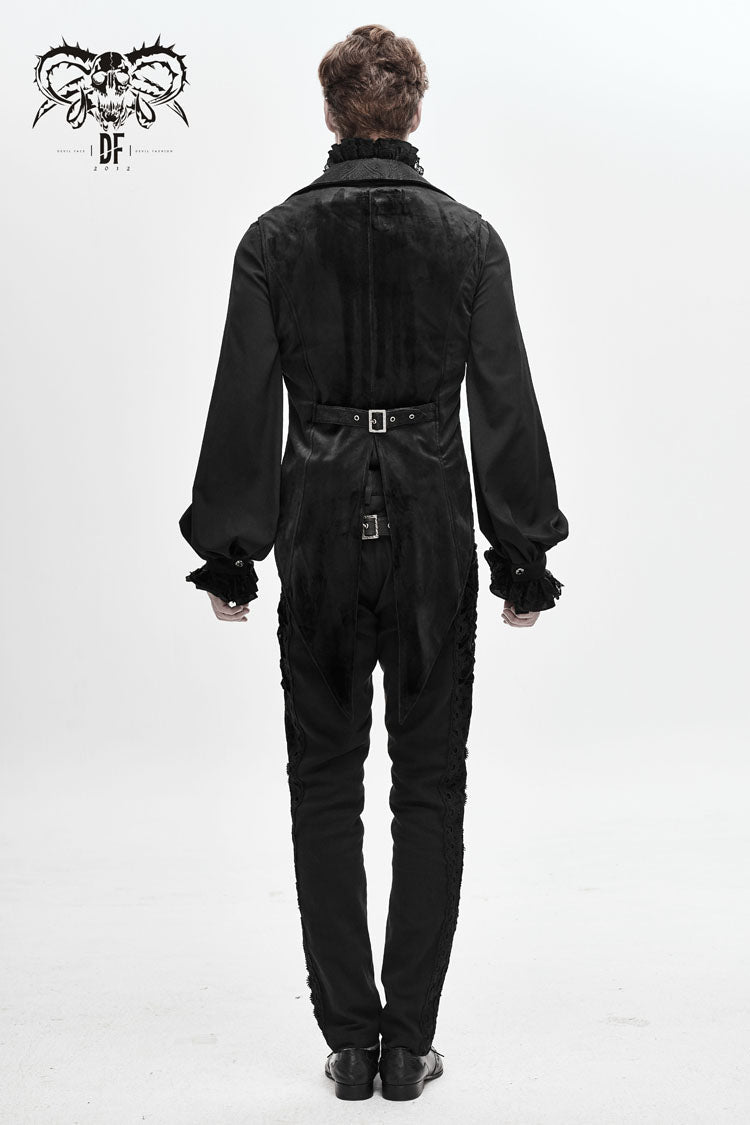 Black Fake Two Piece Leather Embroidered Swallow Tail Hem Men's Gothic Waistcoat - Product - 6