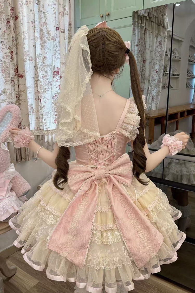 Yellow/Pink [Cream Mille-Feuille] Square Collar Multi-Layered Ruffled Bow Lace Sweet Balletcore Lolita Jsk Dress - Product - 3