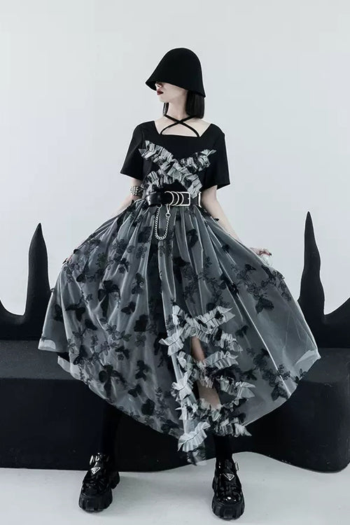 French Square Collar Short Sleeves Irregular Hem Long Gothic Lolita Dress - Product - 2