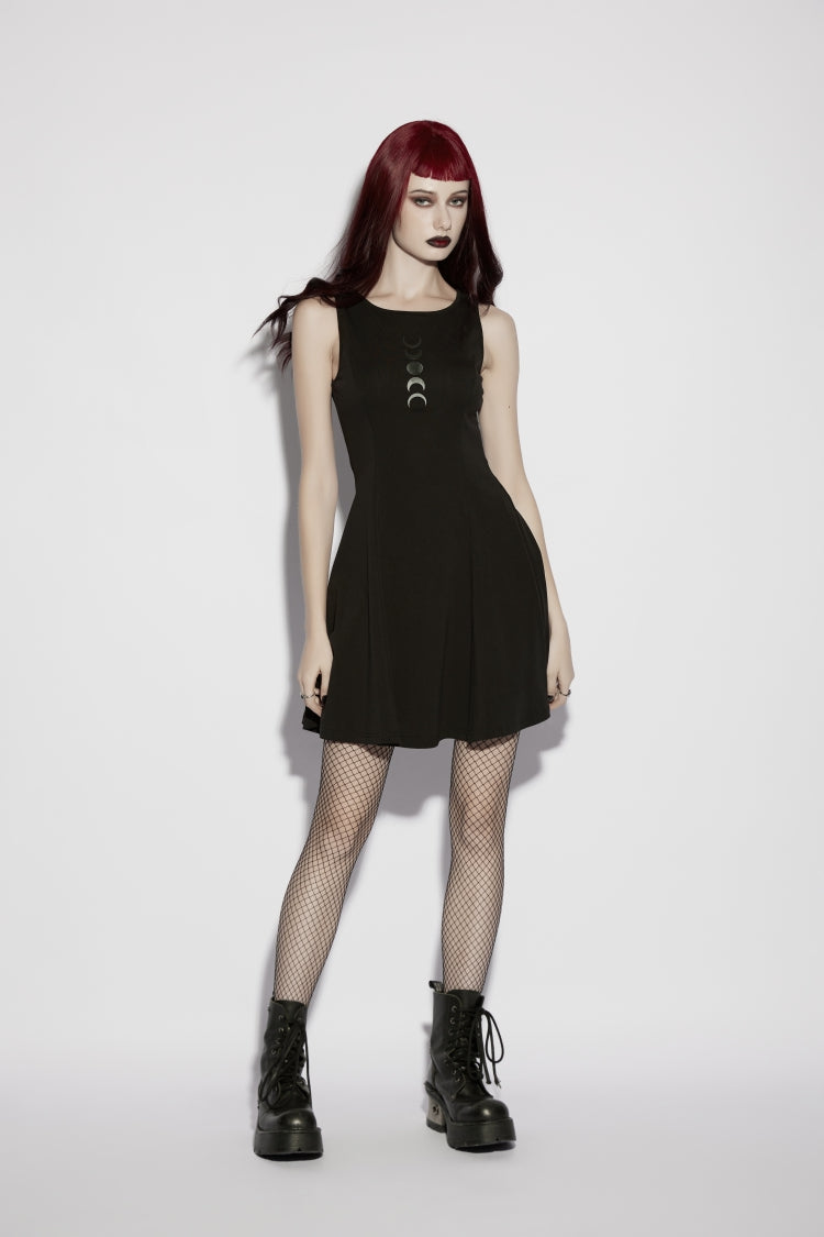 Black Off Shoulder Sleeveless Women's Gothic Moon Phase Printed Dress Graduation Dress - Product - 8