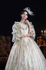 Champagne Long Puff Sleeves Ruffled Cut-Out Mesh Classic Vintage Palace Lolita Victorian Dress - Product - 7