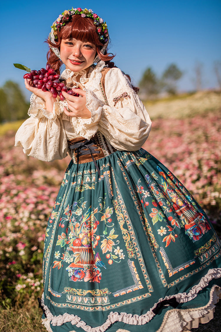 Green [Ode to Plenty] Berries and Birds Print Ruffle Bowknot Velvet Classic Lolita Breast Support Jsk Dress - Product - 4