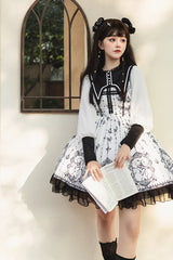 Black/White Long Sleeves Lace Ruffle Butterfly Magic Print Gothic Lolita OP Dress - Product - 2