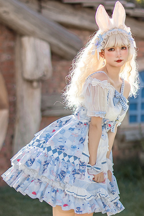 Blue Alice Rabbit Print Multi Layer Design Sweet Lolita JSK Dress - Product - 4
