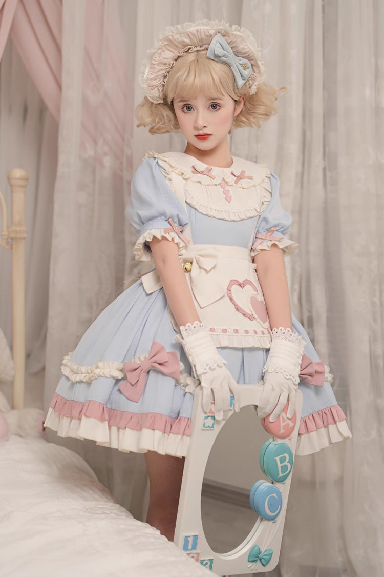 Blue Short Puff Sleeves Ruffle Bowknot Maid Sweet Princess Lolita Dress - Product - 4