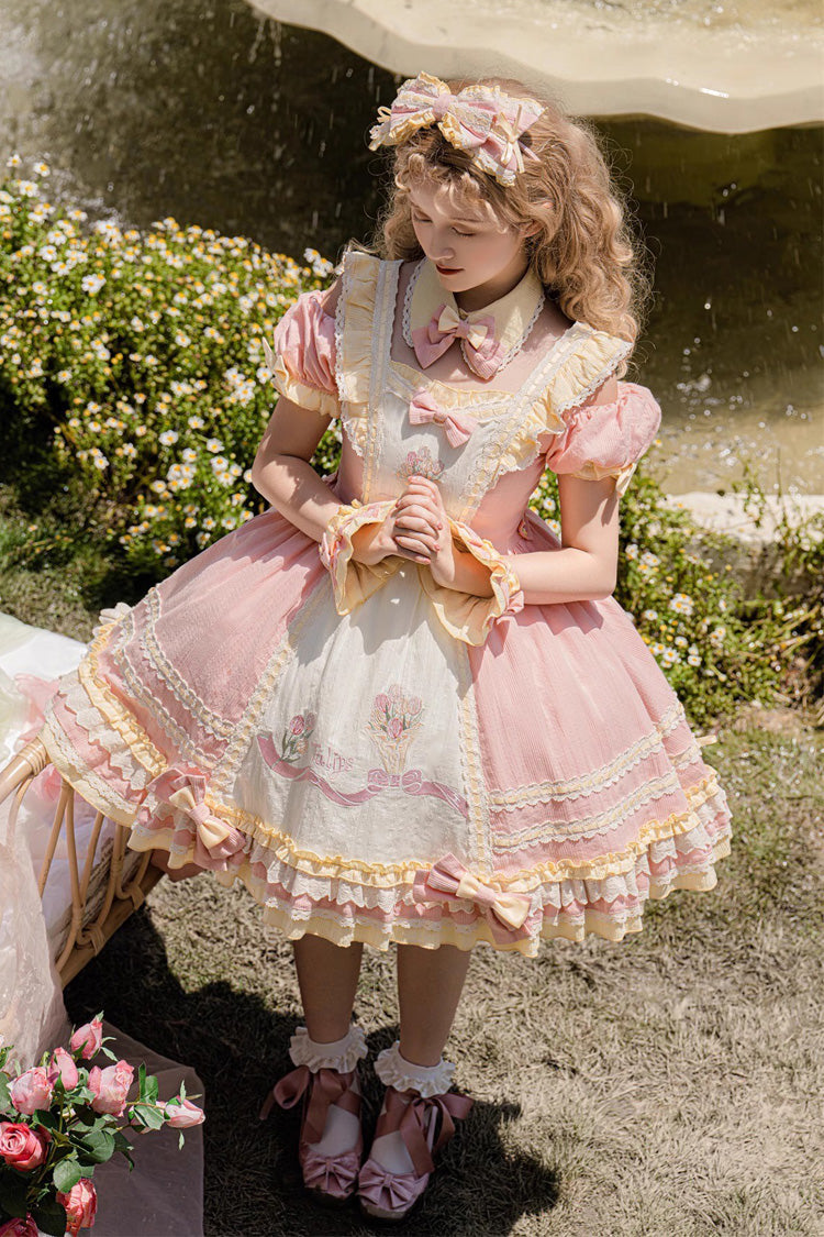 Pink Short Sleeves Tulip Print Ruffle Bowknot Sweet Lolita Dress - Product - 7
