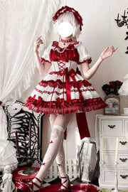 White/Red [Layered Red Velvet] Short Sleeves Ruffle Bowknot Lace Sweet Lolita Dress - White/Red - 1