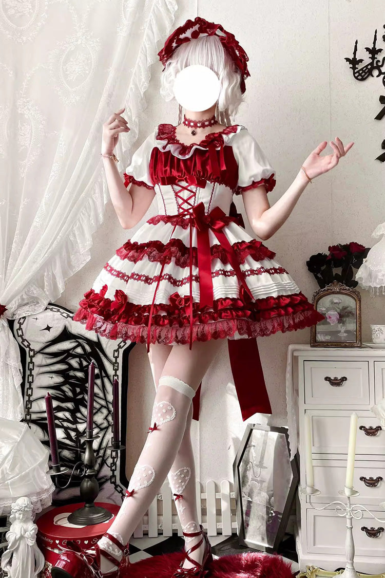 White/Red [Layered Red Velvet] Short Sleeves Ruffle Bowknot Lace Sweet Lolita Dress - White/Red - 1