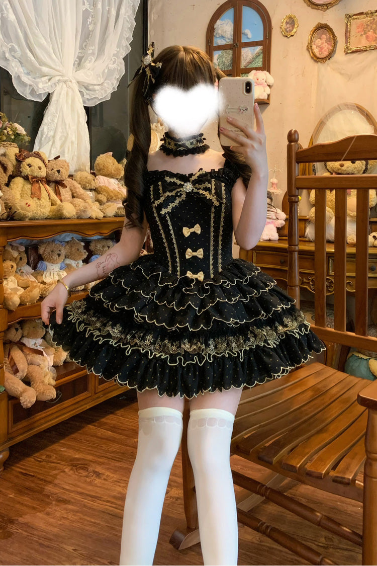 Nero senza maniche a pois multistrato stampato con fiocco arricciato Dolce principessa (solo abito) vista dettagliata 8