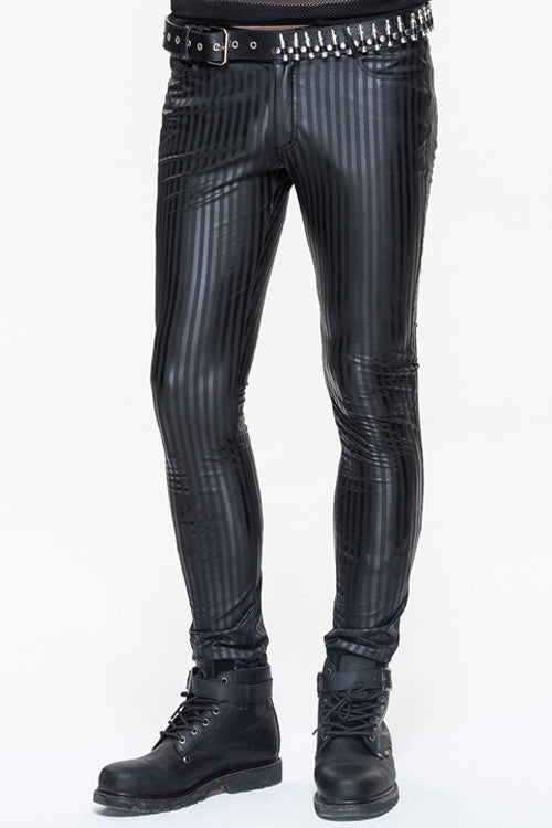 Black Autumn And Winter Vertical Stripes Elastic Punk Leather Mens Pants - Black - 1