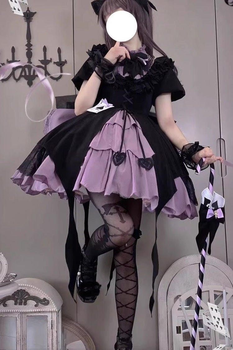 Black/Purple [Phantom Thief Ace of Spades] Short Sleeves Ruffle Bowknot Gothic Lolita Dress Set - Black/Purple - 1