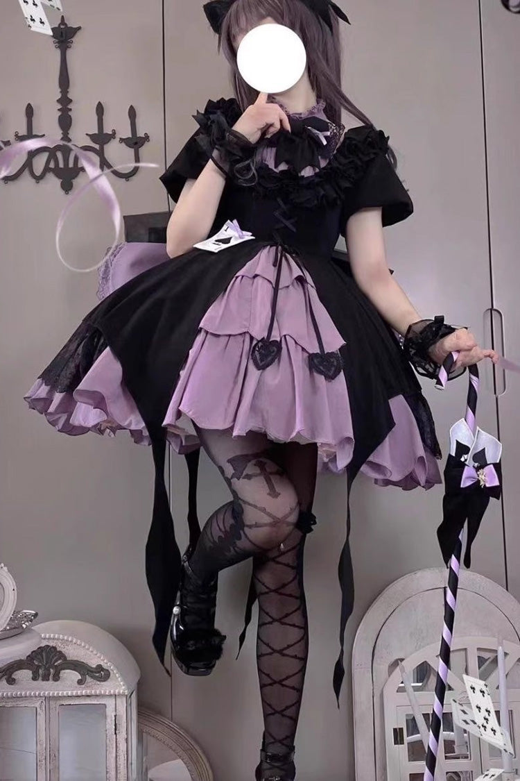 Black/Purple [Phantom Thief Ace of Spades] Short Sleeves Ruffle Bowknot Gothic Lolita Dress Set - Black/Purple - 1