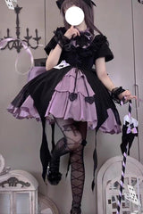 Black/Purple [Phantom Thief Ace of Spades] Short Sleeves Ruffle Bowknot Gothic Lolita Dress Set - Black/Purple - 1