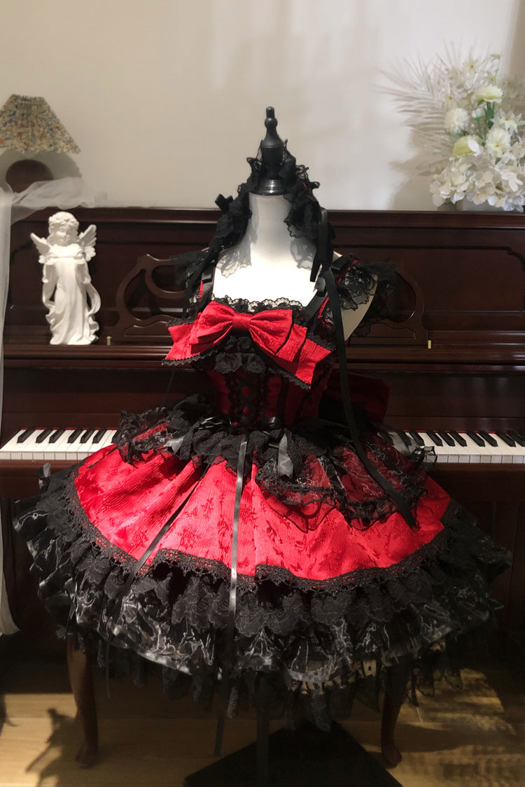 Red [Fleishi Island] Sleeveless Ruffle Bowknot Lace Slim Sweet Ballet Lolita Jsk Dress - Product - 3