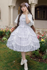 Blue Iris Love Multi-layer Jacquard Bowknot Sweet Elegant Princess Lolita Jsk Dress - Blue - 1
