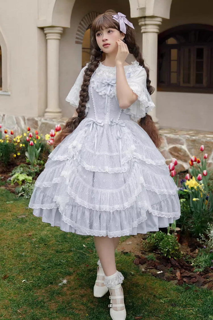Blue Iris Love Multi-layer Jacquard Bowknot Sweet Elegant Princess Lolita Jsk Dress - Blue - 1