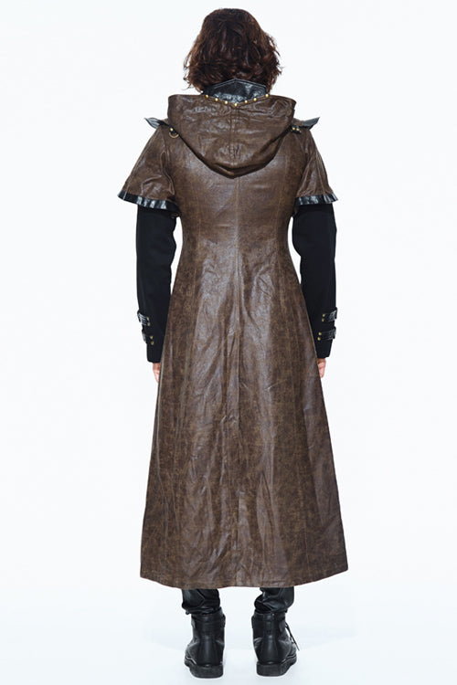 Double Sleeves Steampunk Brown Leather Hooded Mens Long Coat - Product - 3