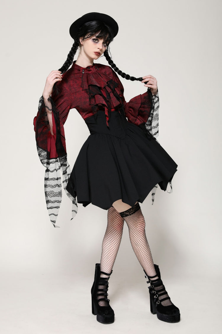 Red Multi-Layered Frilly Lace Long Hime Sleeves Lace-Up Women's Gothic Blouse - Product - 9