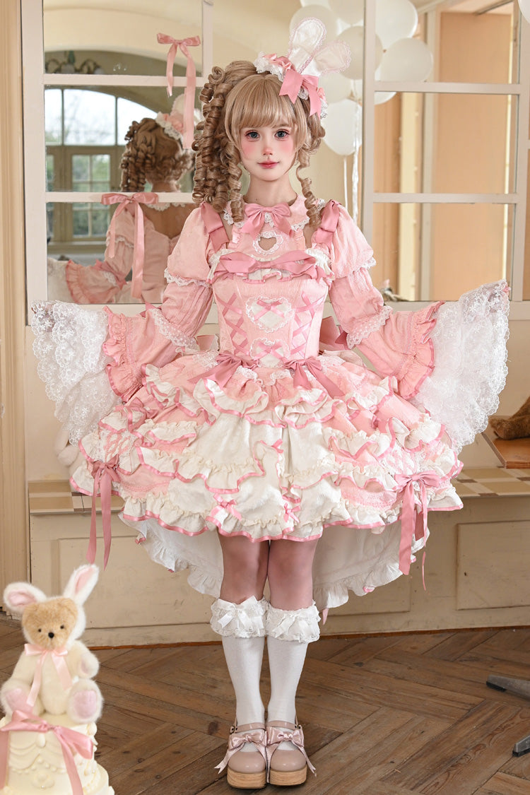 [Bunny Hime] Doll Collar Short Sleeves Multi-Layered Ruffled Bow Sweet Lolita Dress 2 Colors (Blue, Pink) - Product - 3