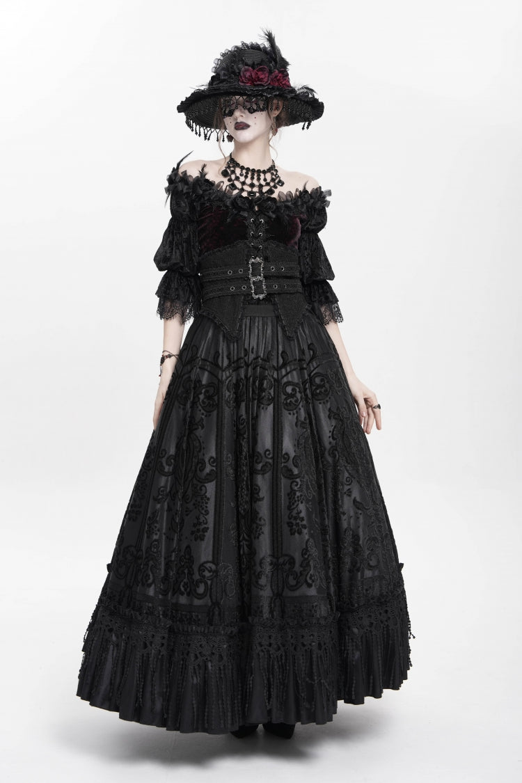 Black Jacquard Embroidery Buckle Tassels Women's Gothic Long Skirt - Product - 9