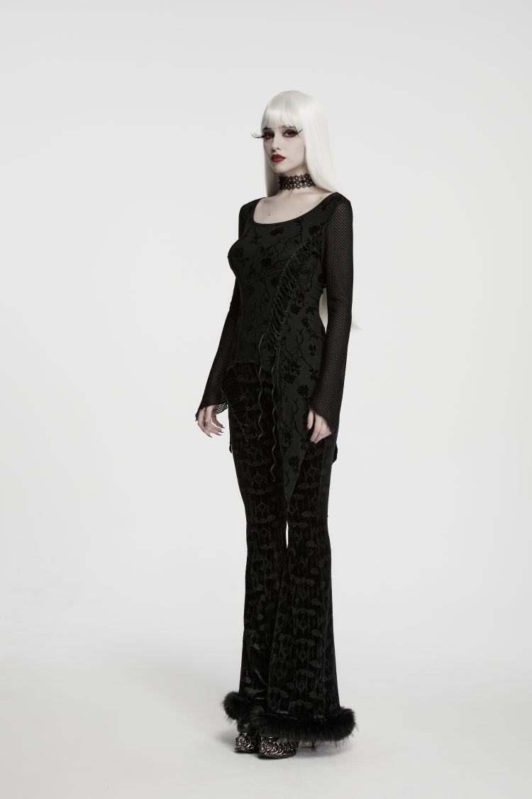 Black Round Collar Long Sleeves Jacquard Lace-Up Asymmetric Women's Gothic Elegant Top - Product - 2