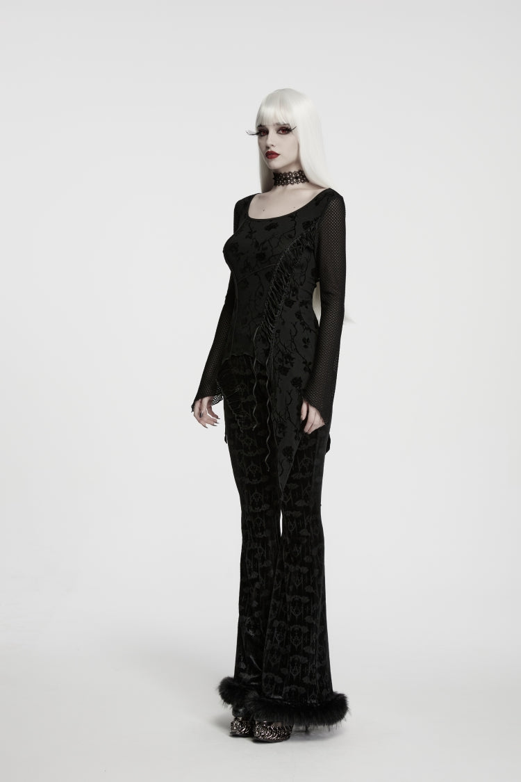 Black Round Collar Long Sleeves Jacquard Lace-Up Asymmetric Women's Gothic Elegant Top - Product - 2