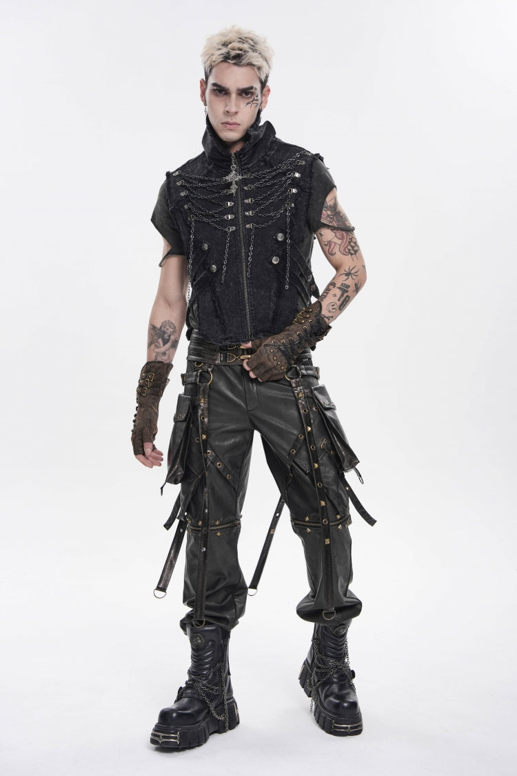 Black Stand Collar Sleeveless Zippered Chain-Decorated Men's Punk Cool Unedged Vest - Product - 4