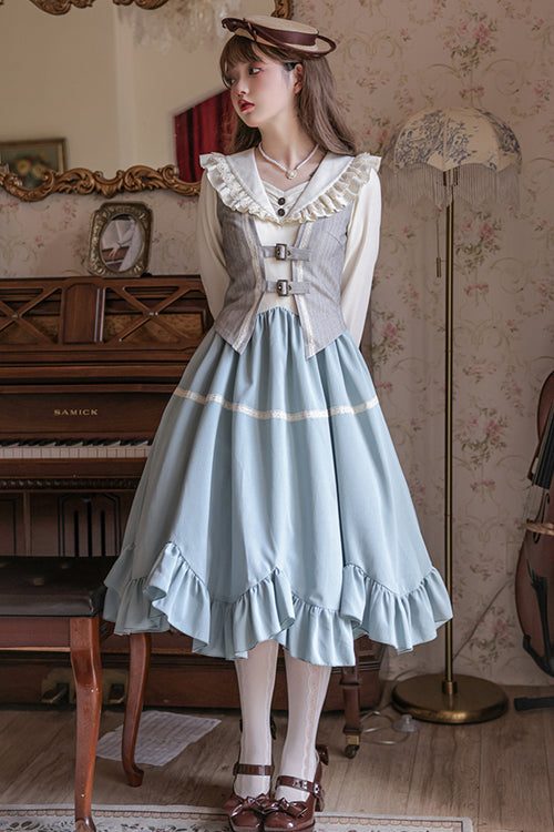 Blue Vintage Elegant V Collar Long Sleeves Petal Hem Fake Three Pieces Sweet Lolita OP Dress Full Set - Product - 2