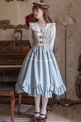 Blue Vintage Elegant V Collar Long Sleeves Petal Hem Fake Three Pieces Sweet Lolita OP Dress Full Set - Product - 2