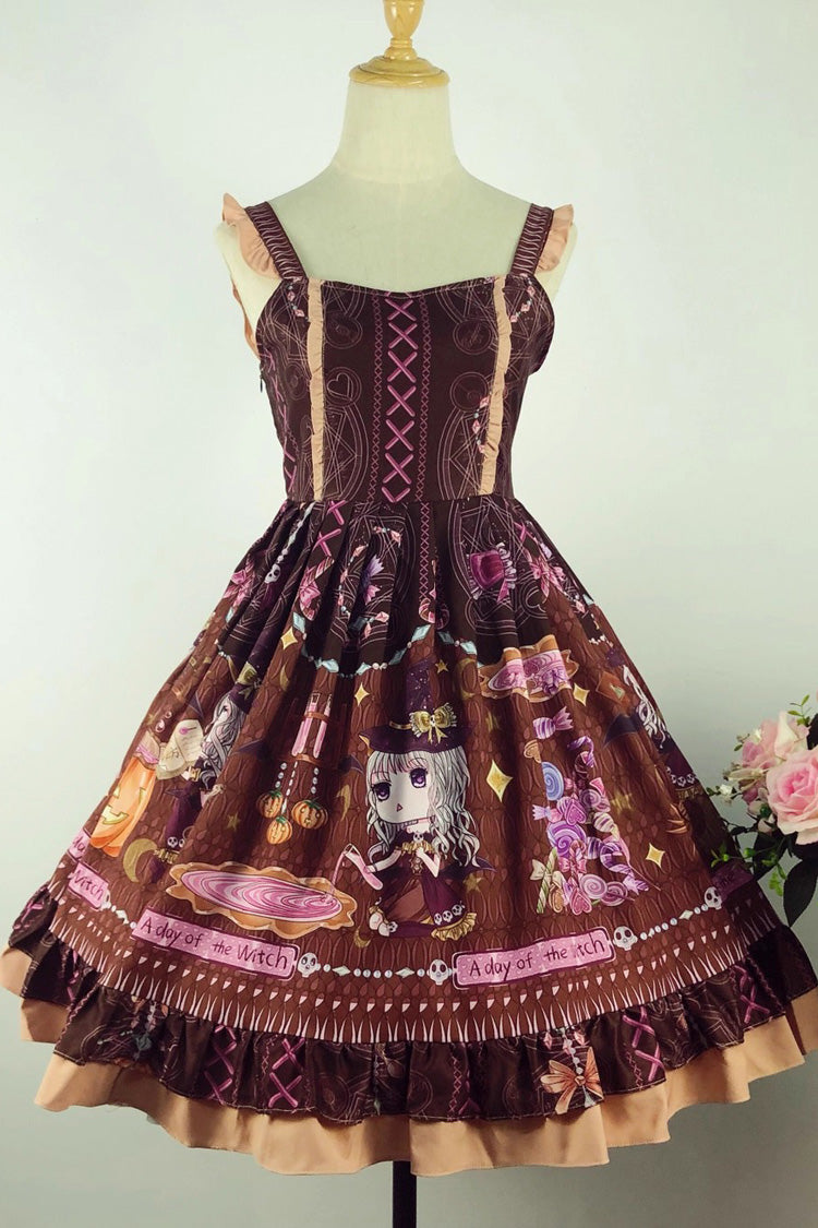 Brown [Little Witch] Sleeveless Print Ruffle Bowknot Sweet Elegant Lolita Jsk Dress - Product - 3