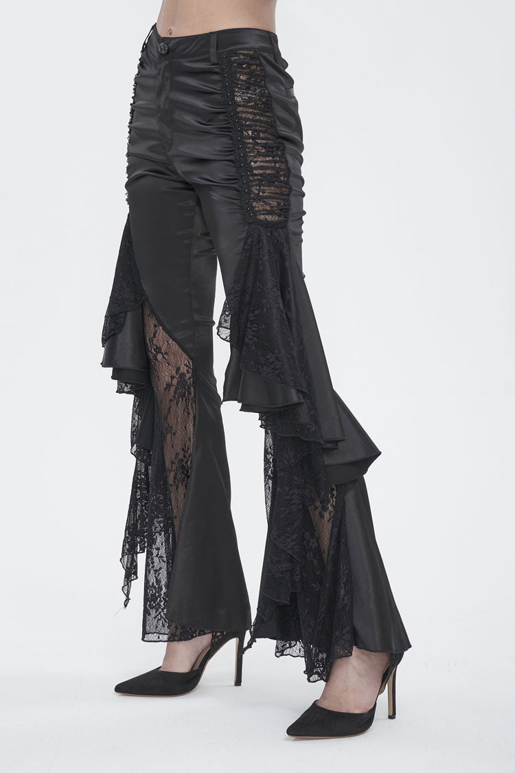 Black Ruffle Lace Stitching Womens Gothic Flared Pant - Product - 3