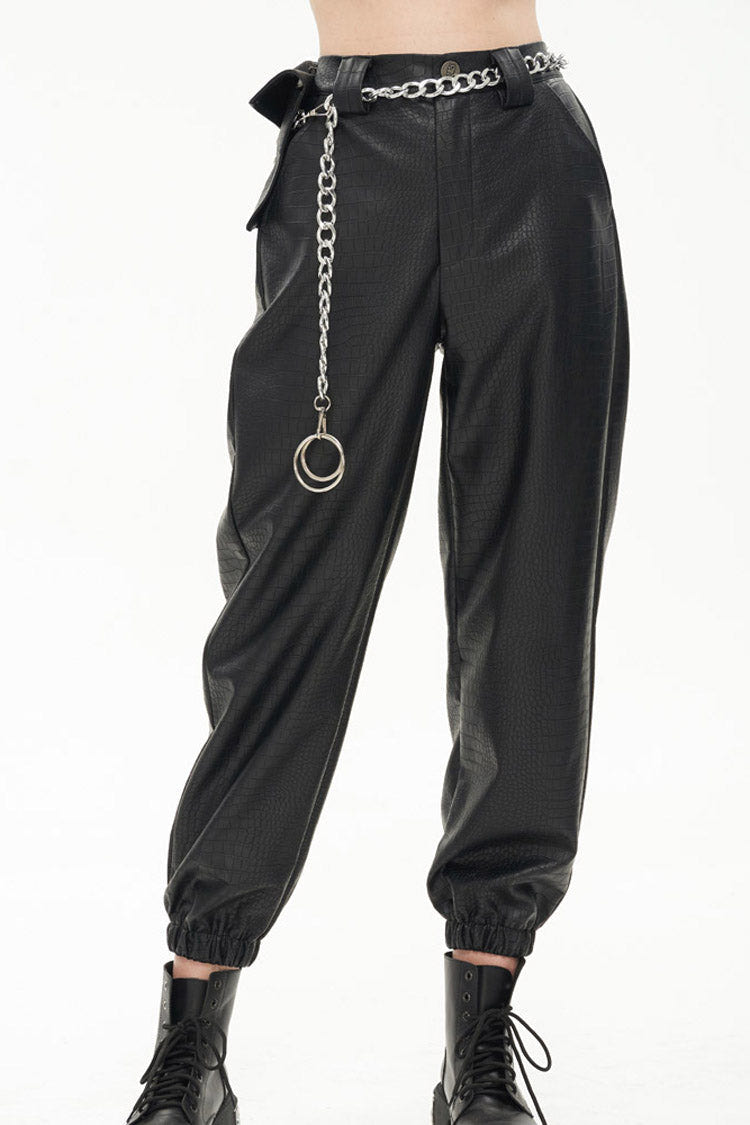 Black Gothic Crocodile Pattern Metal Chain Design Lantern Leather Women's Pants - Black - 1
