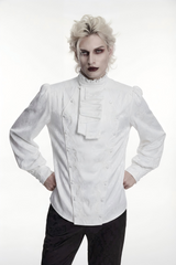 White Stand Collar Long Lantern Sleeves Jacquard Embroidered  Men's Gothic Palace Shirt with Detachable Tie - White - 1