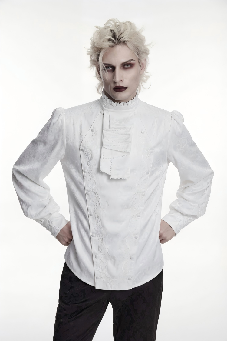 White Stand Collar Long Lantern Sleeves Jacquard Embroidered  Men's Gothic Palace Shirt with Detachable Tie - White - 1