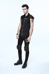 Black Twill Brown One Shoulder Armor Heat Seal Hasp Sleeveless Men's Punk Shirt - Product - 3