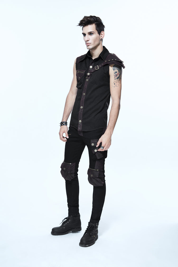 Black Twill Brown One Shoulder Armor Heat Seal Hasp Sleeveless Men's Punk Shirt - Product - 3