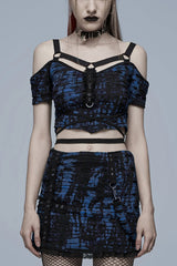 Off Shoulder Short Sleeves Print Ripped Women's Gothic Blouse 2 Colors - Black/Blue - 1