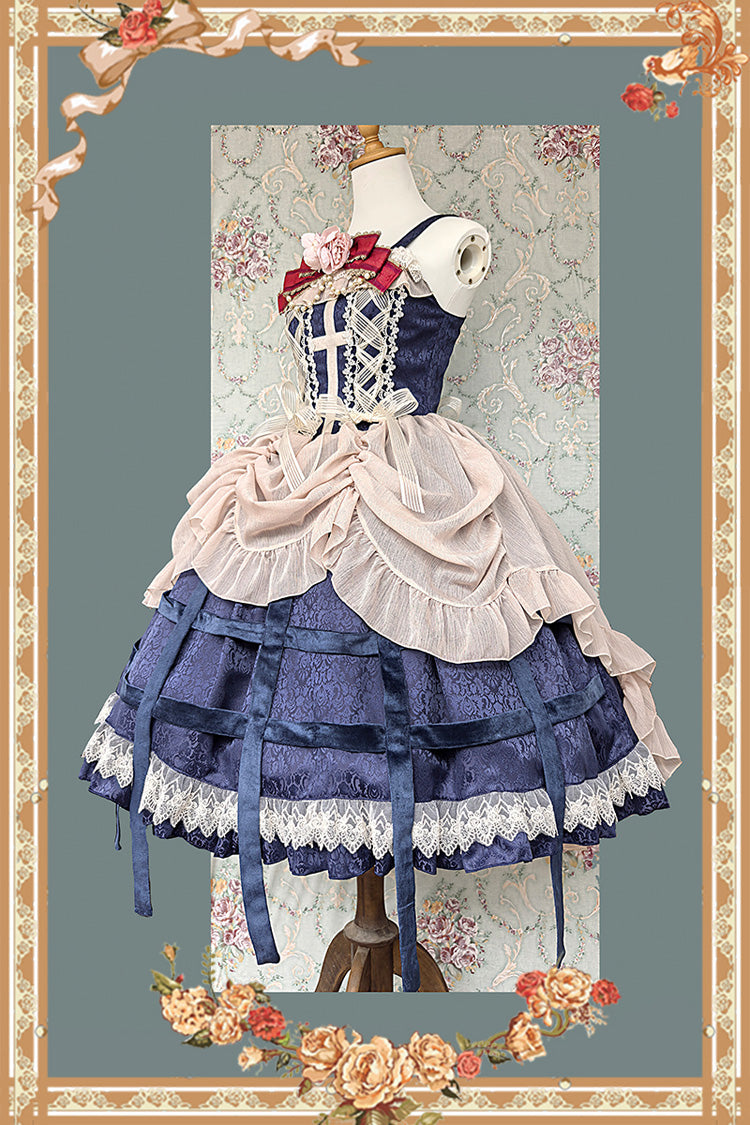 [Lilith’s Cage] Sleeveless Print Ruffle Bowknot Lace-Up Gothic Elegant Lolita Jsk Dress 2 Colors - Product - 18