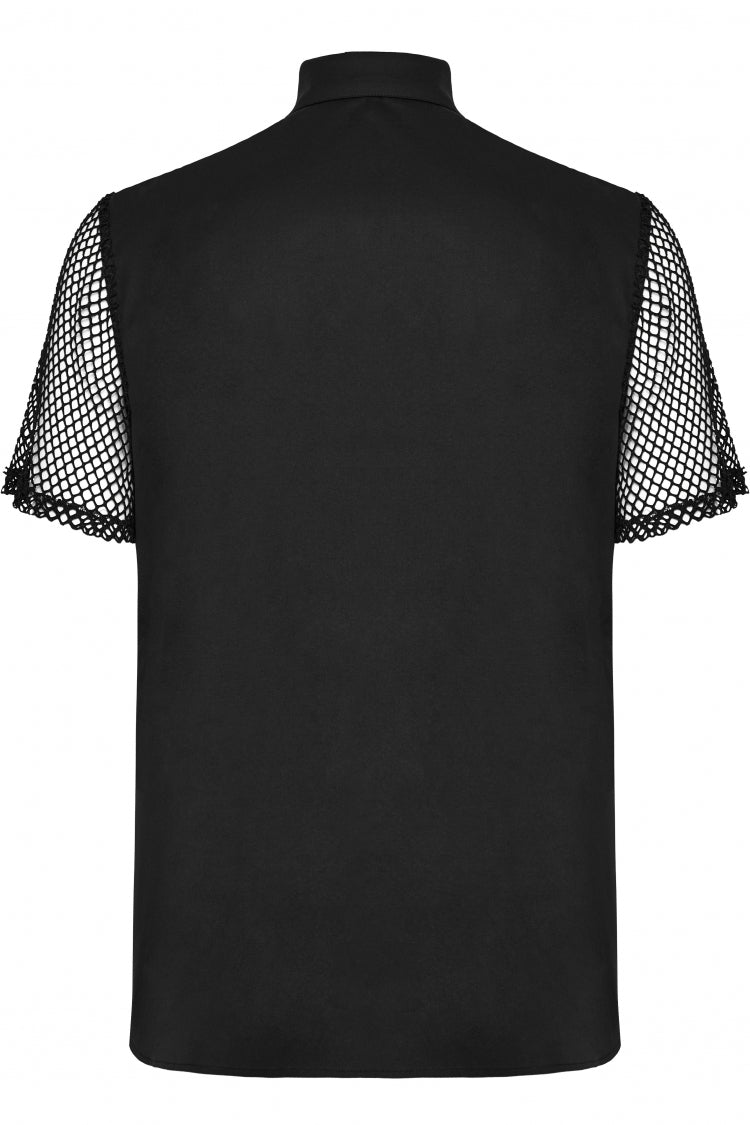 Black Lapel Collar Short Sleeves Mesh Stitching Men's Punk Blouse - Product - 7