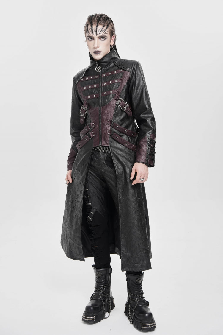 Black/Red Stand Collar Zipper Straps Eyelet Men's Punk Coat - Product - 4