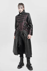 Black/Red Stand Collar Zipper Straps Eyelet Men's Punk Coat - Product - 4