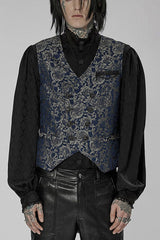 Blue Punk Gorgeous V Neck Asymmetrical Relief Sculpture Jacquard Double Row Hand Seam Button Men's Vest - Blue - 1
