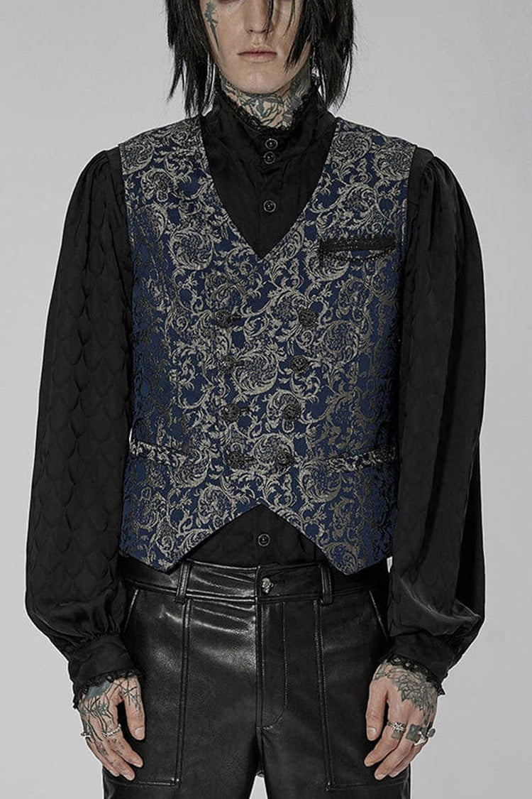 Blue Punk Gorgeous V Neck Asymmetrical Relief Sculpture Jacquard Double Row Hand Seam Button Men's Vest - Blue - 1