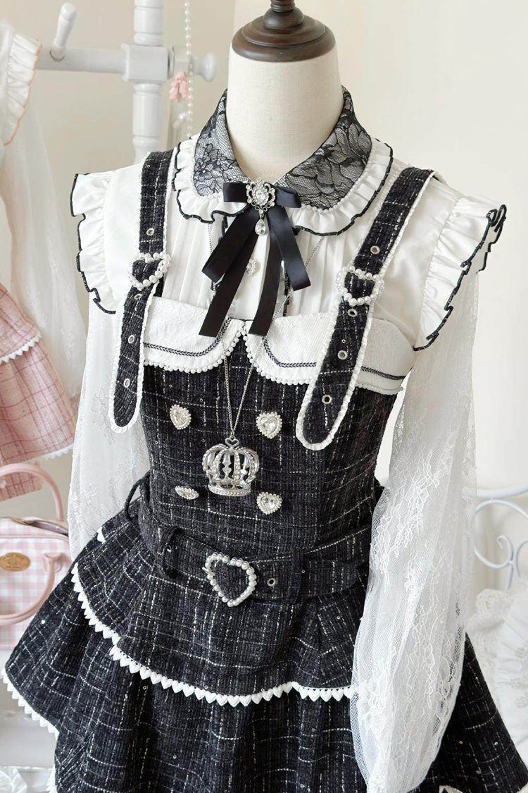 Black Plaid Printed Pearl-Decorated Sweet Jirai Kei Japanese Strap Dress Set - Product - 2