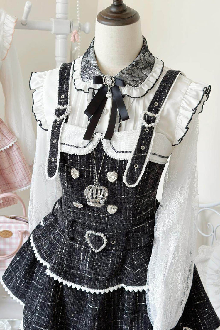 Black Plaid Printed Pearl-Decorated Sweet Jirai Kei Japanese Strap Dress Set - Product - 2