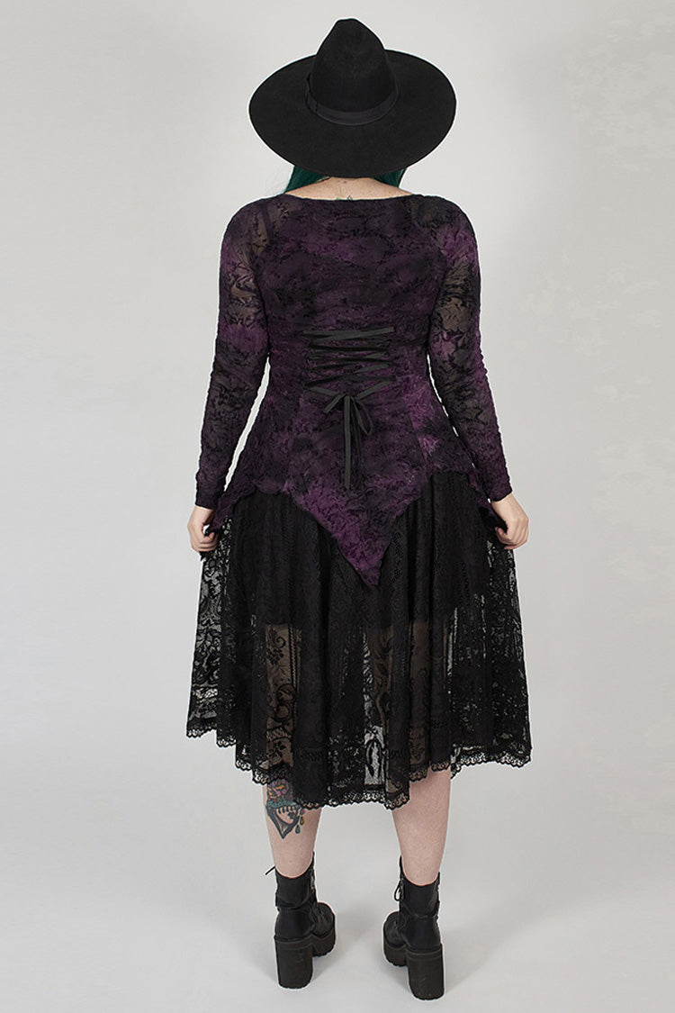 Purple V-Neck Front Splice Rose Lace Mesh Back Waist Lace-Up Irregular Hem Plus Size Knit Women's Gothic T-Shirt - Product - 3